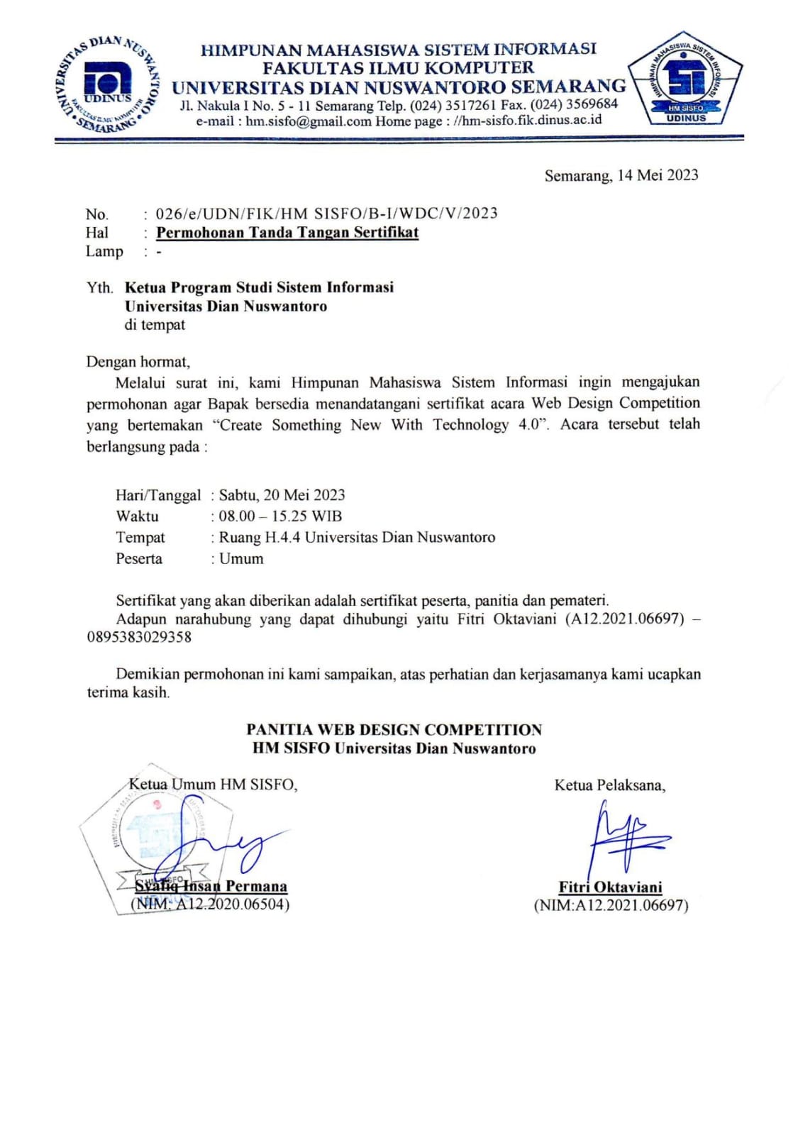 Surat Permohonan Tanda Tangan Sertifikat Ketua Program Studi Sistem Informasi Universitas Dian Nuswantoro